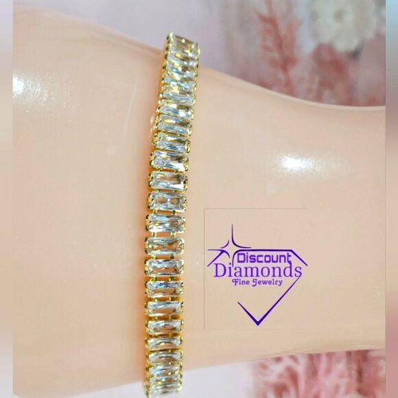 Clear white Baguette Diamond Tennis Bracelet 14K Gold on 925 Sterling Silver - Picture 4 of 10